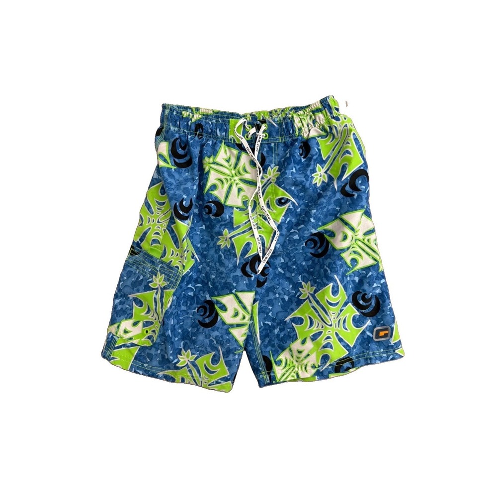 Gotcha Mens Swim Trunks Blue Lime Green Tribal Print‎ Mesh Lined Cargo Pocket L
